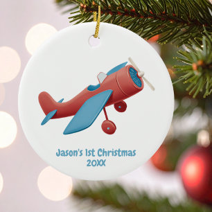Décoration En Céramique Premier Noël Avion Vintage Rouge Bleu Pilot Garçon