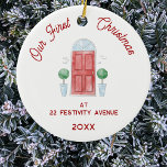 Décoration En Céramique Premier Noël dans la nouvelle porte aquarelle<br><div class="desc">Célébrez votre premier Noël dans votre nouvelle maison avec ce charmant ornement d'aquarelle personnalisé. Modifiez l'adresse et l'année de personnaliser. Avec une jolie porte d'entrée aquarelle et un texte de script moderne en rouge festif, il fait un gardien parfait. Accrochez-le sur votre arbre pour ajouter une touche spéciale à votre...</div>