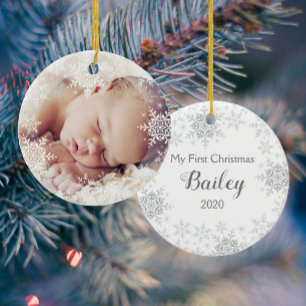 Décoration En Céramique Premier Noël de bébé blanc flocons de neige argent