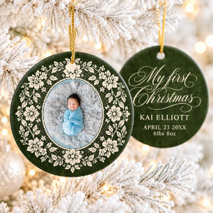 Décoration En Céramique Premier Noël de Bébé Crème Broderie Anglaise Vert