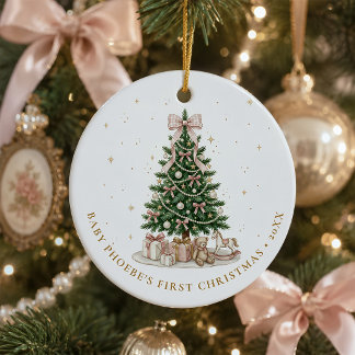 Décoration En Céramique Premier Noël de Bébé Fille Arc Rose Personnalisé