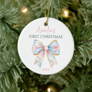 Décoration En Céramique Premier Noël de bébé fille avec un nœud en or rose