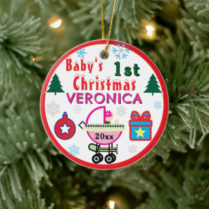 Décoration En Céramique Premier Noël de Bébé Fille Chapeau Rose NOM