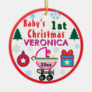 Décoration En Céramique Premier Noël de Bébé Fille Chapeau Rose NOM