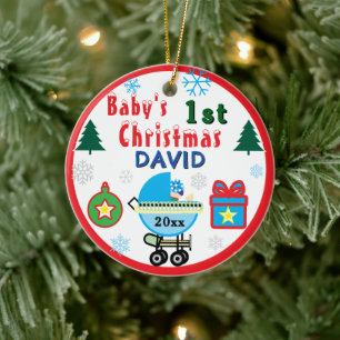 Décoration En Céramique Premier Noël de bébé garçon bleu blanc calèche NOM