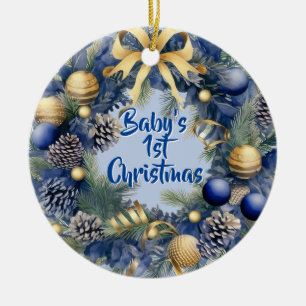Décoration En Céramique Premier Noël de Bébé Garçon Couronne Aquarelle Ble
