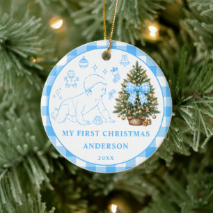 Décoration En Céramique Premier Noël de bébé garçon Photo Bleue à carreaux