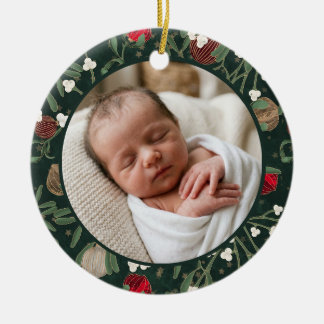 Décoration En Céramique Premier Noël de Bébé Photo Florale Verte Vintage