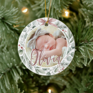 Décoration En Céramique Premier Noël de bébé Photo Rose Poussiéreuse & Ver