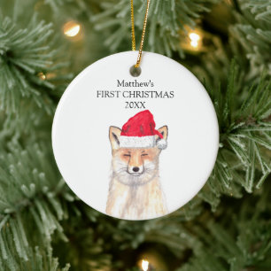 Décoration En Céramique Premier Noël de bébé Renard Aquarelle Forêt Garçon