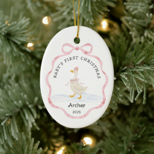 Décoration En Céramique Premier Noël de bébé Ruban Aquarelle Rose Oie