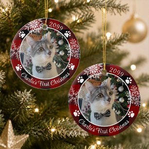 Décoration En Céramique Premier Noël de Chat Photo Rouge Noir à Carreaux