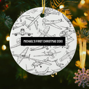 Décoration En Céramique Premier Noël de garçon dessiné à la main Avions Av