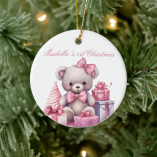 Décoration En Céramique Premier Noël de l'ours en peluche rose