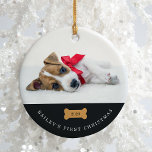 Décoration En Céramique Premier Noël de votre chien | Charbon avec photos<br><div class="desc">Cet adorable ornement de vacances dit le nom de votre chien,  et que c'est leur premier Noël! Vous pouvez ajouter l'année au centre de l'os de chien mignon,  et ajouter la photo de votre chiot à l'avant et un autre à l'arrière.</div>