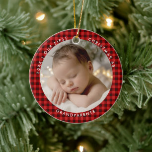 Décoration En Céramique Premier Noël des Grands-Parents à carreaux de Buff