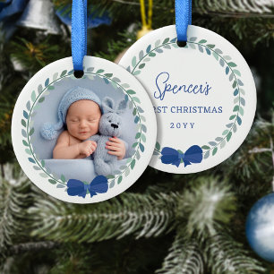 Décoration En Céramique Premier Noël du bébé avec couronne bleu à la poitr