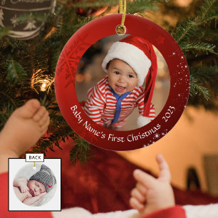 Décoration En Céramique Premier Noël du bébé, Flocon de neige rouge, 2 côt