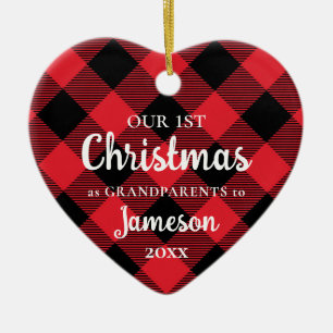 Décoration En Céramique Premier Noël en grand-parents Plaid Heart Photo