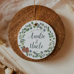 Décoration En Céramique Premier Noël en tant que tante et oncle<br><div class="desc">Célébrez la nouvelle tante et oncle avec cette couronne verte d'aquarelle moderne avec des feuilles d'eucalyptus de Noël bleu et vert - customisez-la simplement avec l'année ou cliquez sur "customiser plus loin" pour ajouter du texte,  changer la couleur arrière - plan ou ajouter une photo.</div>