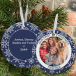 Décoration En Céramique Premier Noël Ensemble Photo Flèche de neige bleue<br><div class="desc">Notre premier ornement de Noël personnalisé avec votre photo, nom(s), année et texte personnalisé. Cet ornement de vacances est bleu et décoré de flocons blancs. Il est écrit avec "nos premiers noël ensemble" et vous êtes invités à modifier "ensemble" au libellé de votre choix. Le dos a plus de flocons...</div>