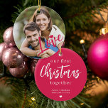 Décoration En Céramique Premier Noël ensemble photo rose<br><div class="desc">Téléchargez votre photo préférée (de préférence carré),  insérez votre texte,  vos noms et votre date,  et faites de cet ornement moderne moderne de sapin rose un cadeau de souvenir pour vous rappeler votre relation,  fiançailles,  mariage,  ou tout autre anniversaire de couple!</div>