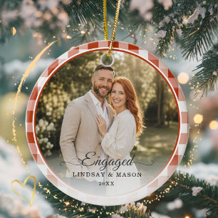 Décoration En Céramique Premier Noël Fiancés 2 Photo Gingham Rouge