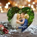 Décoration En Céramique Premier Noël M. & Mrs Photo Brush Script<br><div class="desc">Script de brosse moderne Notre premier Noël en tant que Mr. & Mme Mariage Photo Ornament - Photos avant et arrière</div>
