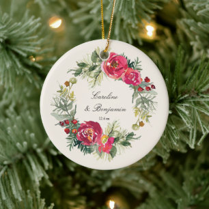 Décoration En Céramique Premier Noël Marié Couronne Florale Aquarelle