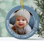 Décoration En Céramique Premier Noël pour bébé - Simple Denim Pastel Blue<br><div class="desc">Ajoutez une photo à ce joli ornement de vacances - parfait pour les petites filles. Une simple bordure bleu denim clair fait un ornement mémorable pour votre arbre. Une police minimale moderne pour l'année avec un endroit pour télécharger 1 photo carré.</div>