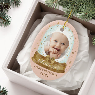 Décoration En Céramique Premier Noël rose bébé photo et nom Snow Globe
