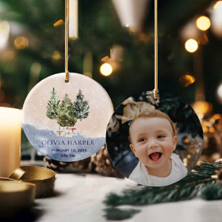 Décoration En Céramique Première Noël de Woodland avec photo de naissance