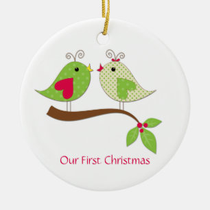Décoration En Céramique Premiers LoveBirds à pois verts de Noël sur du hou