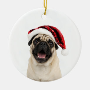 Décoration En Céramique Pug heureux portant un chapeau de Père Noël rouge