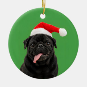 Décoration En Céramique Pug Noir Drôle Chapeau de Père Noël Langue Dehors