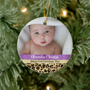 Décoration En Céramique Purple Leopard Girl Babys First Christmas Photo Ce