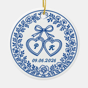 Décoration En Céramique Quelque Chose de Bleu Nœud Mariage Initiales & Dat