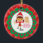 Décoration En Céramique Qui a besoin de tante Christmas Ornament de Santa<br><div class="desc">Donnez à votre tante préférée ou à tous ! Ce sera un souvenir de toutes les fois ! Il est a un elfe de Noël tenir une liste. Personnalisez avec l'année ou le nom. Il a "qui a besoin de Père Noël quand vous avez la tante" sur le cercle blanc...</div>