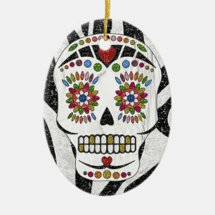 Décoration En Céramique RAB Rockabilly Sugar Skull on Zebra