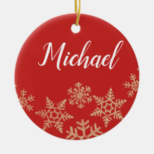 Décoration En Céramique Red and Gold Custom Name and Date with Snowflakes