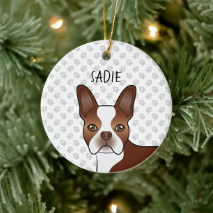 Décoration En Céramique Red Boston Terrier Cartoon Dog Head & Custom Name
