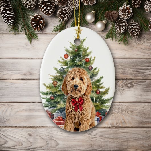 Décoration En Céramique Red Bow Goldendoodle Chien Noël