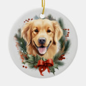 Décoration En Céramique Red Bow Holly Wreath Golden Retriever Chien (Devant)