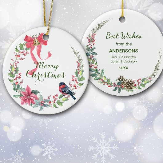 Décoration En Céramique Red Bow Poinsettia Bird Vacances Wreath