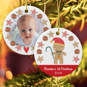 Décoration En Céramique Red First Christmas Baby Photo Gingerbread Boy