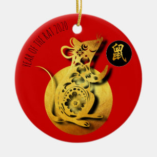 Décoration En Céramique Red Golden Rat Papercut New Year 2020 RO