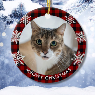Décoration En Céramique Red Plaid Motif Chat Photo Meowy Noël