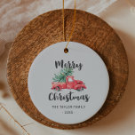 Décoration En Céramique Red Truck and Tree Merry Christmas Holiday<br><div class="desc">This red truck and tree Merry Christmas holiday ornament is the perfect modern yet vintage style Christmas tree decoration. The design features a classic old red pickup truck carrying a Christmas tree with the words "Merry Christmas" in a modern hand lettered font. Personalize the ornament with your name and the...</div>
