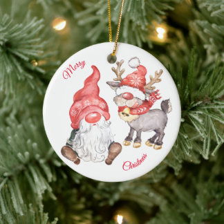 Décoration En Céramique Renard de Noël avec Gnome
