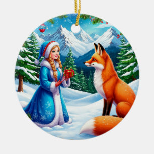 Décoration En Céramique Renard et Jeune Fille des Neiges dans une scène de